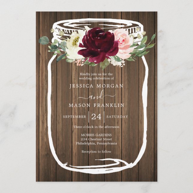 Invitaciones rusticas a la boda de Mason Jar (Anverso)