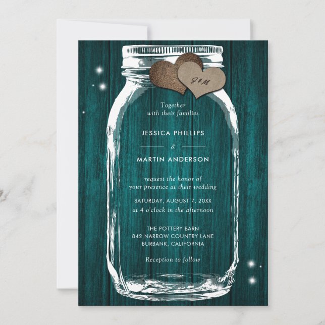 Invitaciones rusticas a la boda de Mason Jar de Ma (Anverso)