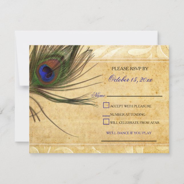 Invitaciones rusticas a la boda de Peacock Feather (Anverso)