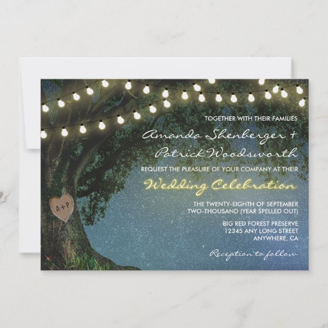 Invitaciones rusticas a la boda de roble de corazó (Anverso)