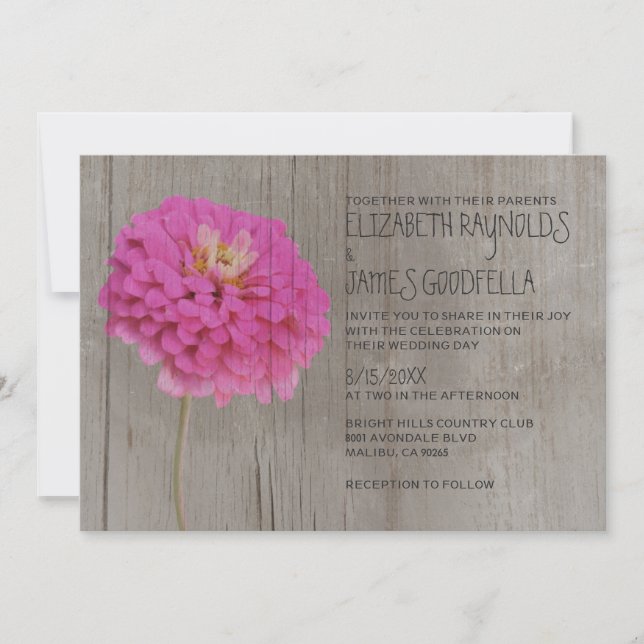 Invitaciones rusticas a la boda de Zinnias (Anverso)