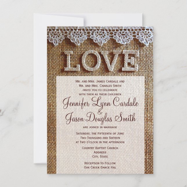 Invitaciones rusticas a la boda del amor por la bu (Anverso)