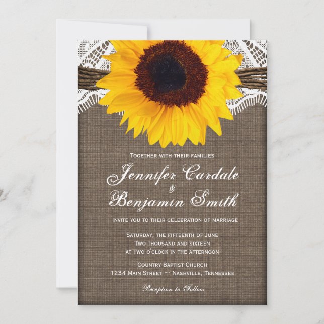 Invitaciones rusticas a la boda del girasol en el  (Anverso)