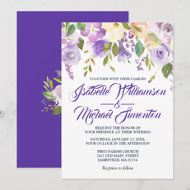 Invitaciones rusticas a la boda floral blanca púrp (Anverso / Reverso)