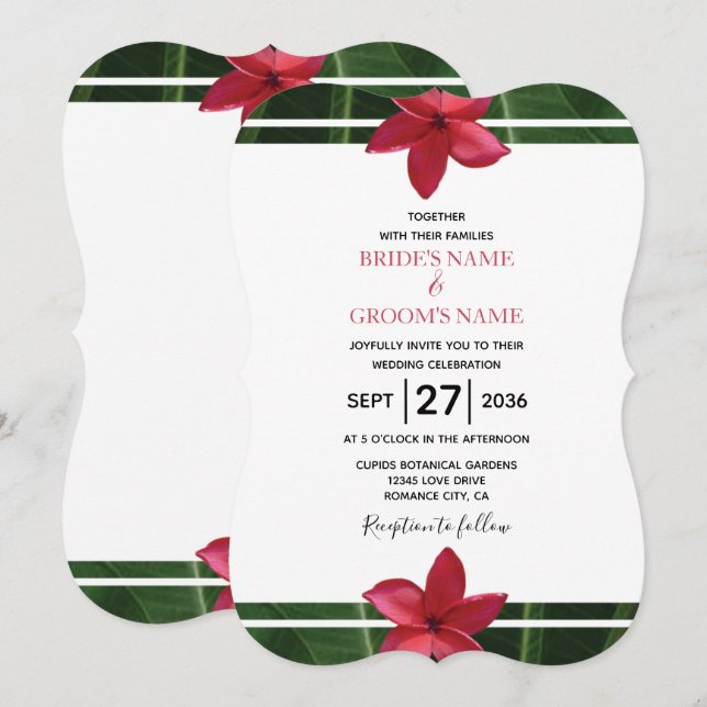 Invitaciones rusticas a la boda frangipani-roja (Anverso / Reverso)
