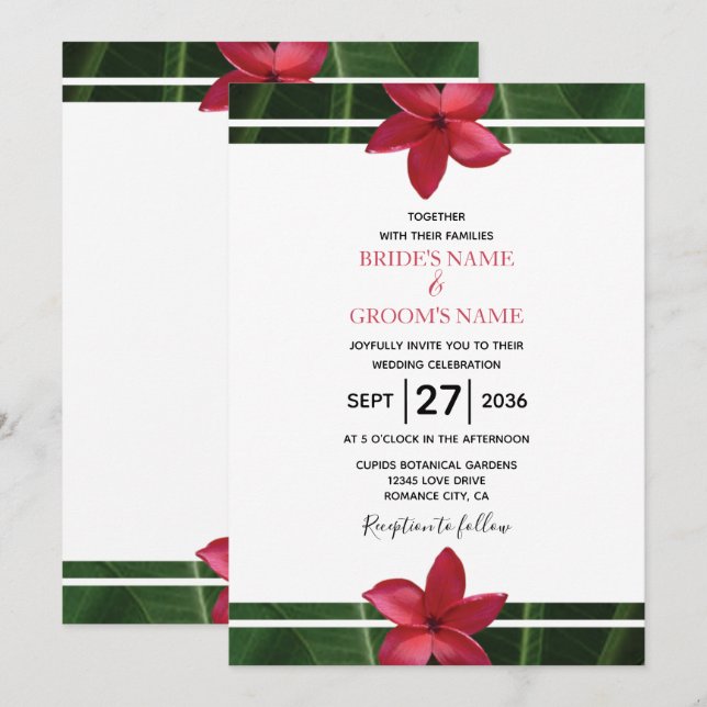 Invitaciones rusticas a la boda frangipani-roja (Anverso / Reverso)