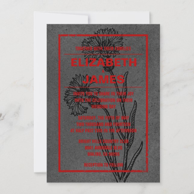 Invitaciones rusticas a la boda negra y roja (Anverso)