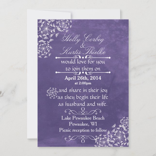 Invitaciones rusticas a la boda púrpura (Anverso)