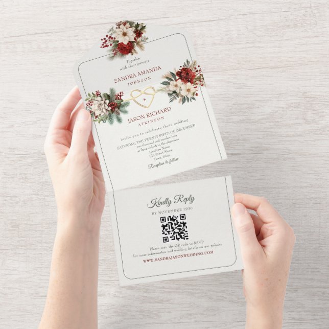 Invitaciones rusticas a la boda roja verde pino (desgarro)