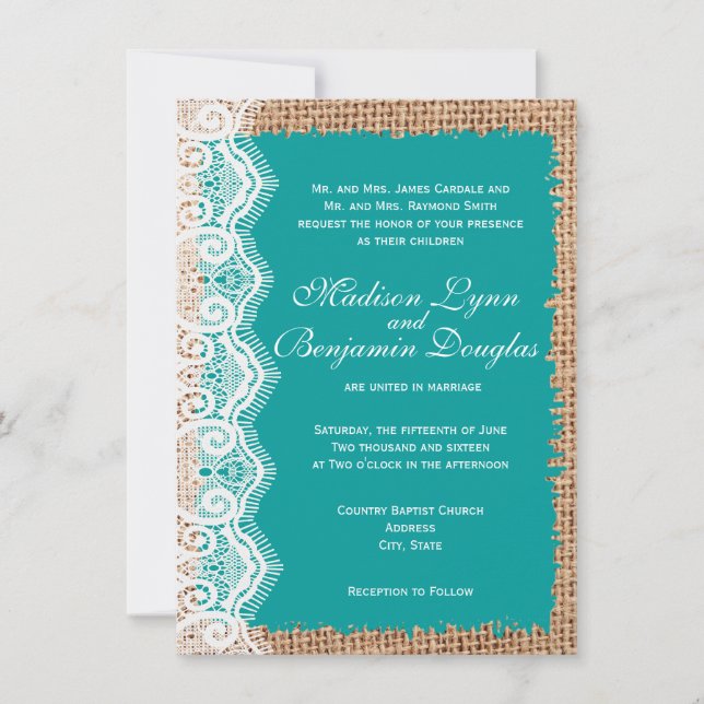 Invitaciones rusticas a la boda turquesa de encaje (Anverso)
