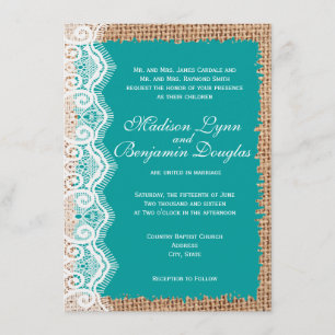 Invitaciones rusticas a la boda turquesa de encaje