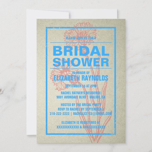 Invitaciones rusticas a la ducha azul y roja (Anverso)