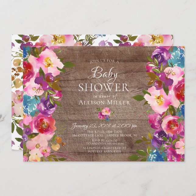 Invitaciones rusticas a la ducha con flores rosada (Anverso / Reverso)