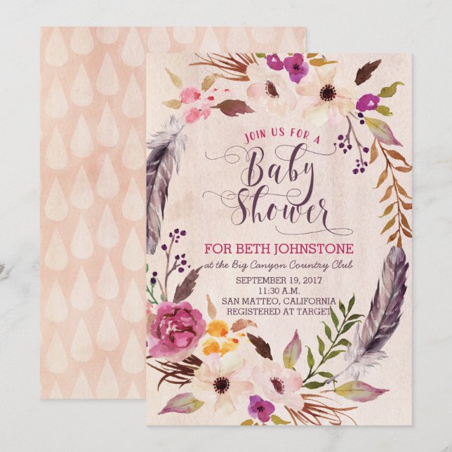 Invitaciones rusticas a la ducha de flores de boho (Anverso / Reverso)