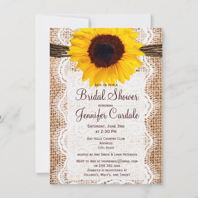 Invitaciones rusticas a la ducha de novia con gira (Anverso)