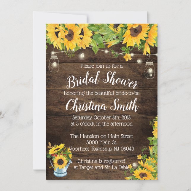Invitaciones rusticas a la ducha de novia con gira (Anverso)