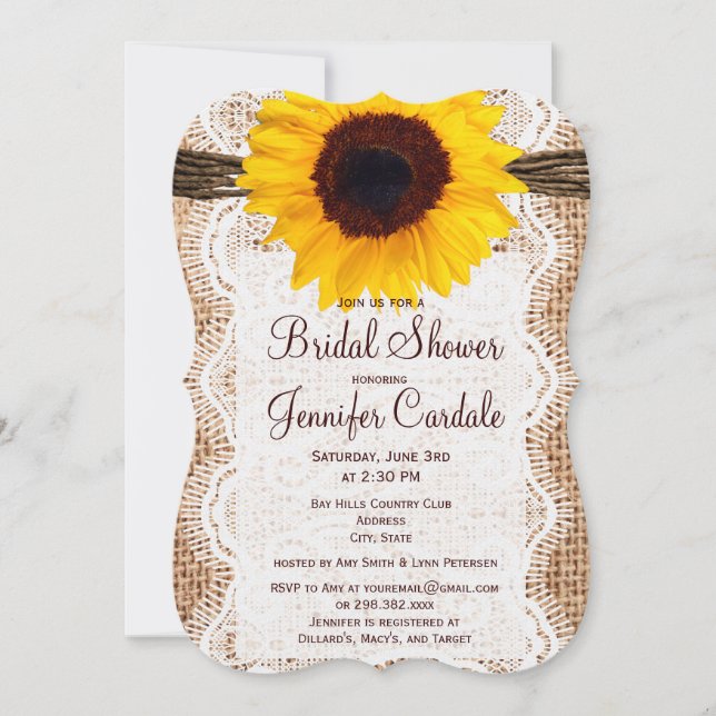 Invitaciones rusticas a la ducha de novia con gira (Anverso)