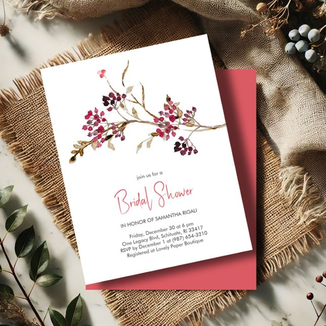 Invitaciones rusticas a la ducha de novias (Rustic bridal shower invitations botanical red berries and brown twigs watercolor)