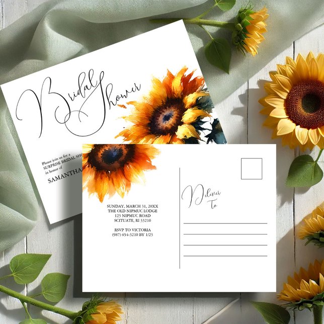 Invitaciones rusticas a la ducha de novias con gir (Rustic sunflower bridal shower invitations postcard by Victoria Grigaliunas VG Invites)