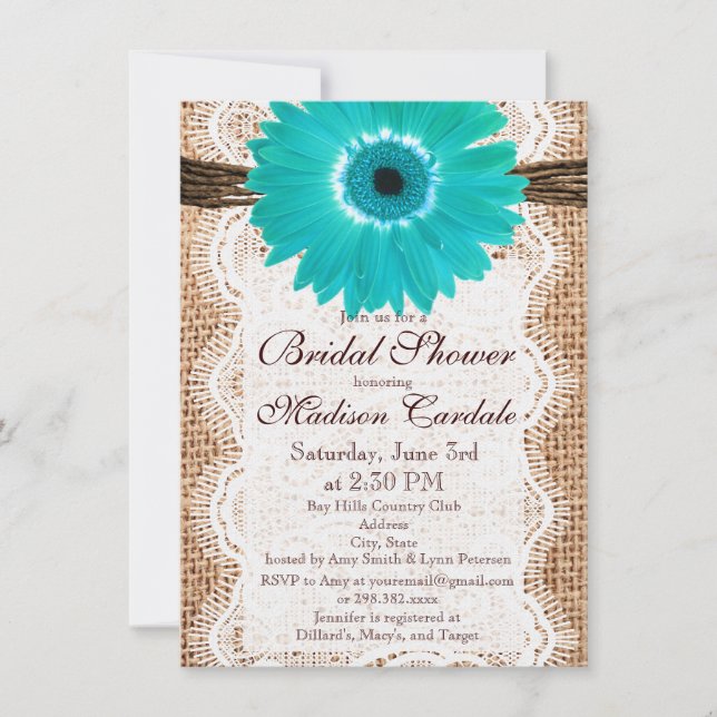 Invitaciones rusticas a la ducha de novias en el B (Anverso)
