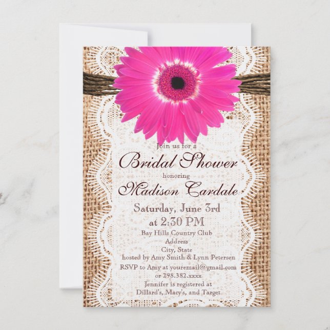 Invitaciones rusticas a la ducha de novias en el B (Anverso)