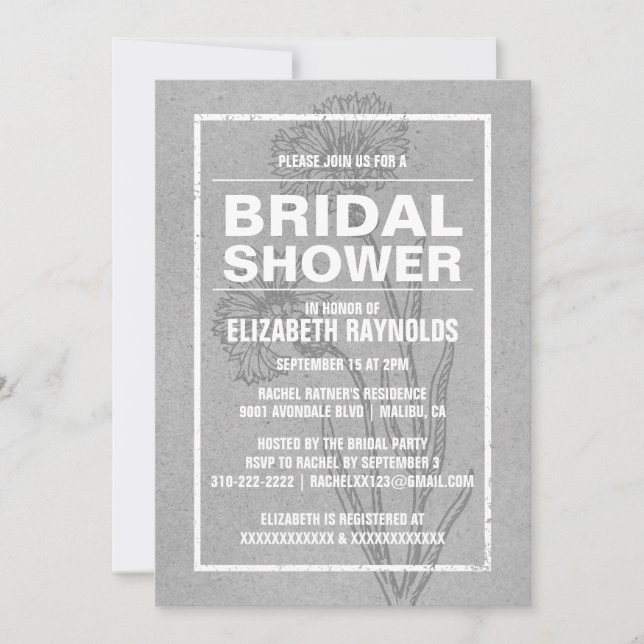 Invitaciones rusticas a la ducha de novias grises (Anverso)