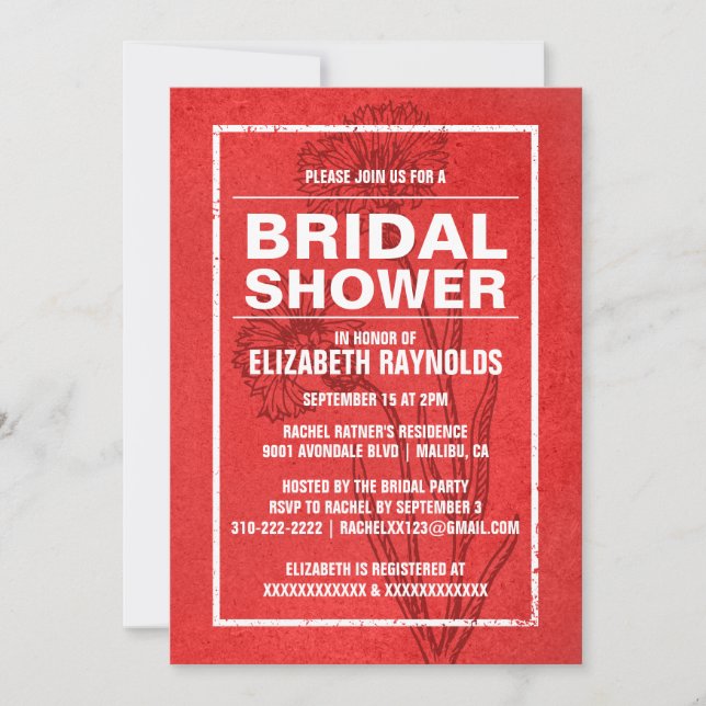 Invitaciones rusticas a la ducha de novias rojas (Anverso)