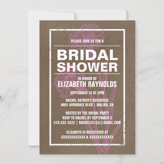 Invitaciones rusticas a la ducha de novias rosas y (Anverso)