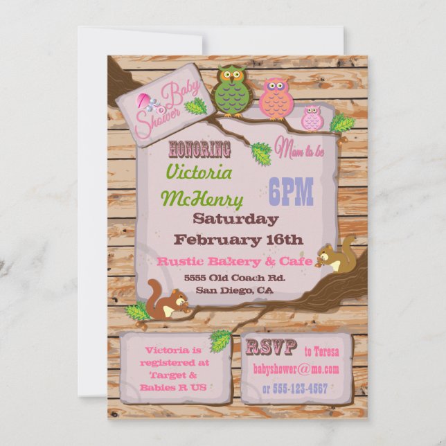 Invitaciones rusticas a la ducha para bebés de Woo (Anverso)