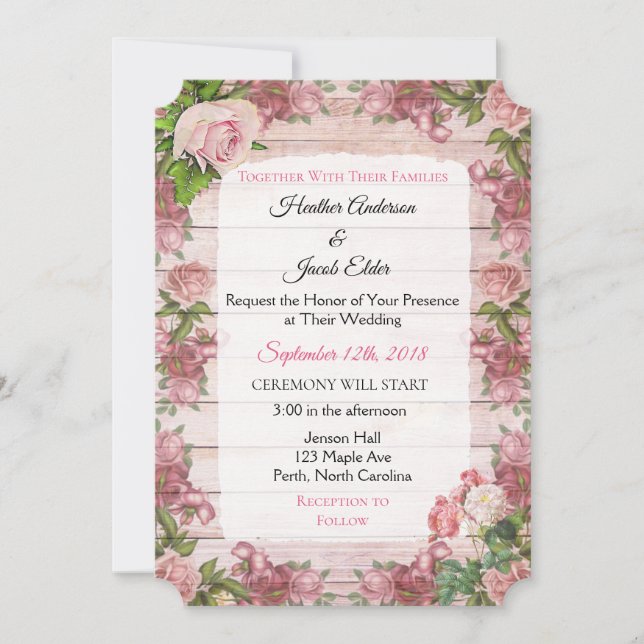 Invitaciones rusticas a una boda elegante rosa de  (Anverso)