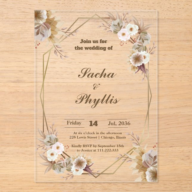 Invitaciones rusticas de boda acrílicas florales (Anverso)