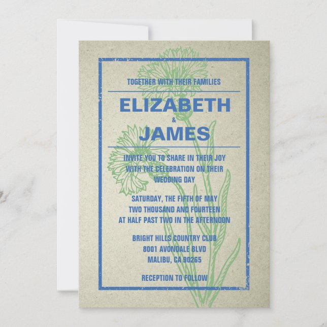Invitaciones Rusticas De Boda Azul Y Verde Vintage (Anverso)