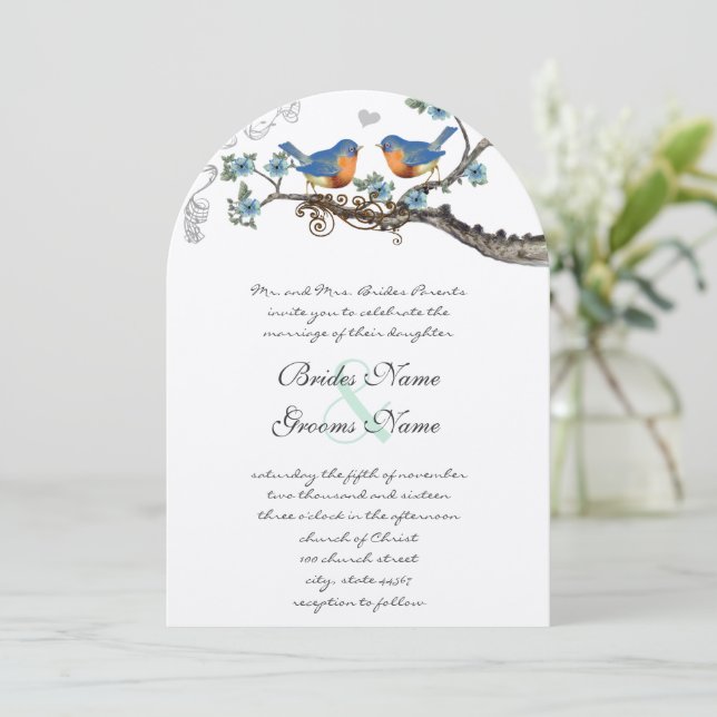 Invitaciones rusticas de bodas de aves azules vint (Anverso de pie)