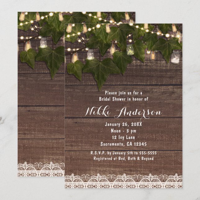 Invitaciones Rústicas de Frasco de Mason con Hiedr (Anverso / Reverso)