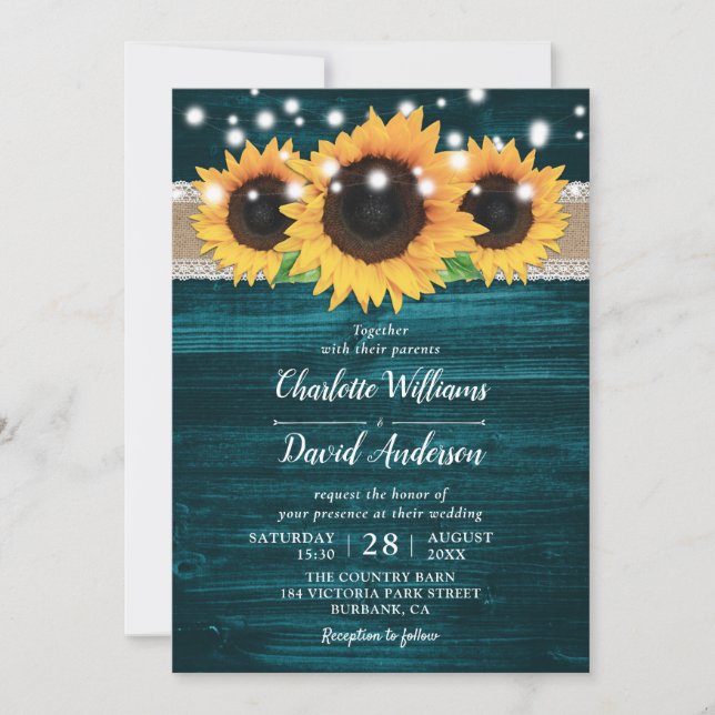 Invitaciones rusticas de girasol y boda Verde azul (Anverso)