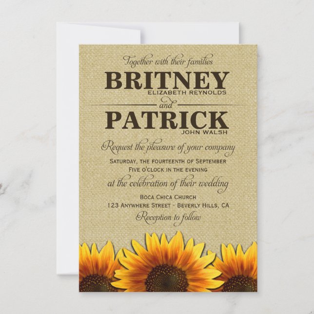 Invitaciones rústicas de la boda de la arpillera (Anverso)