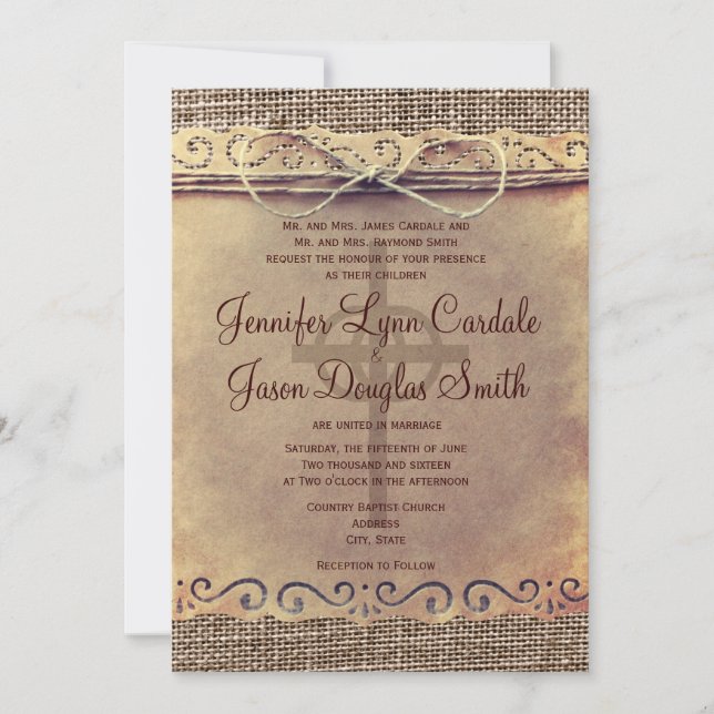 Invitaciones rústicas de la boda de la arpillera (Anverso)