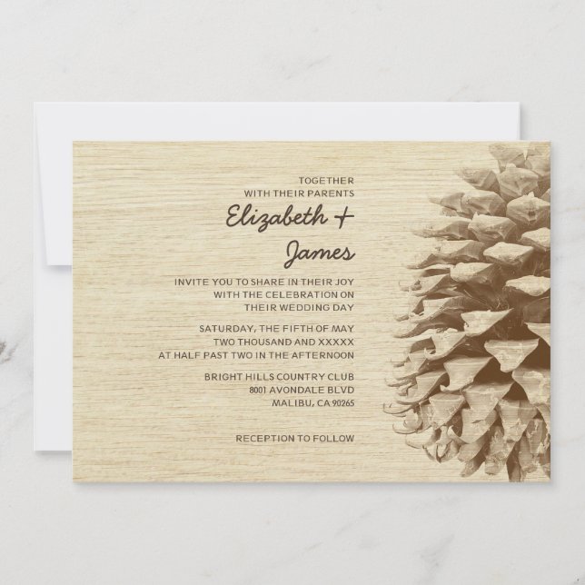 Invitaciones rústicas de la boda del cono del pino (Anverso)