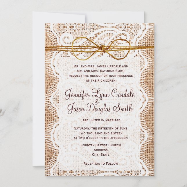 Invitaciones rústicas de la boda del cordón de la (Anverso)
