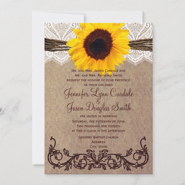 Invitaciones rústicas de la boda del girasol del (Anverso)