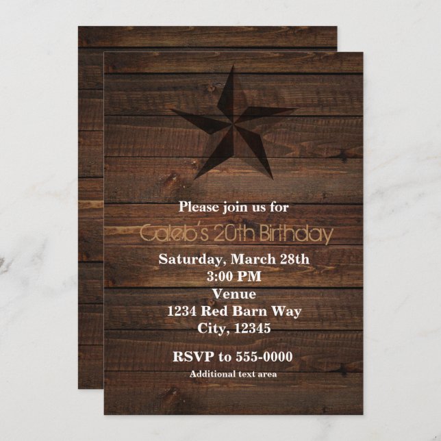Invitaciones Rústicas de Madera con Estrella Oxida (Anverso / Reverso)