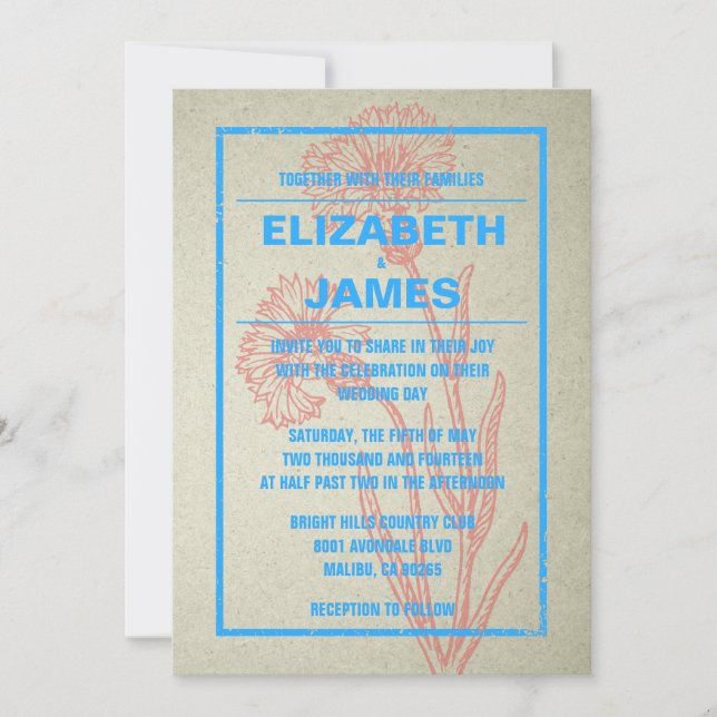 Invitaciones rusticas de matrimonio azul y rojo (Anverso)