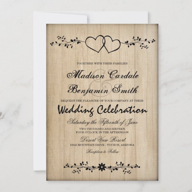 Invitaciones rusticas de matrimonio de doble coraz (Anverso)