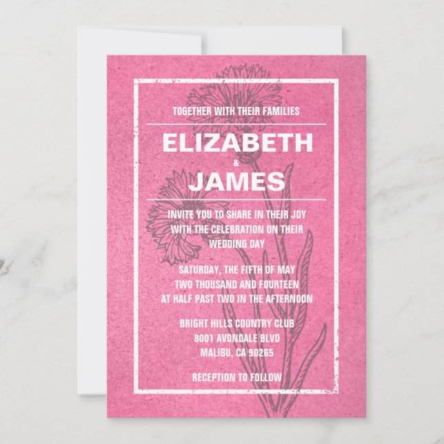 Invitaciones rusticas de matrimonio rosado (Anverso)