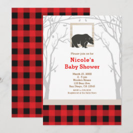 Invitaciones rústicas de oso a cuadros para baby s