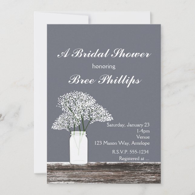 Invitaciones rústicas grises con aliento de bebé e (Anverso)