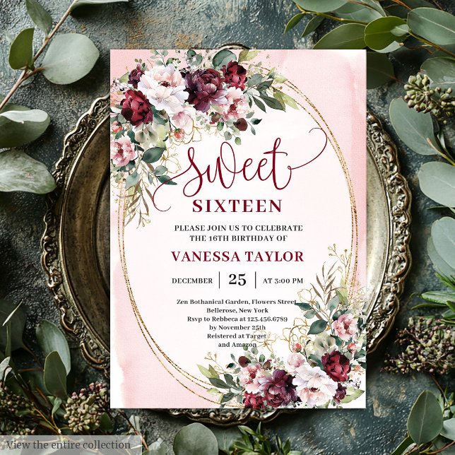 Invitaciones Rústicas Rosa Borgoña Dorado Sweet Si (Rustic Blush Burgundy Gold Sweet Sixteen Invitation

)