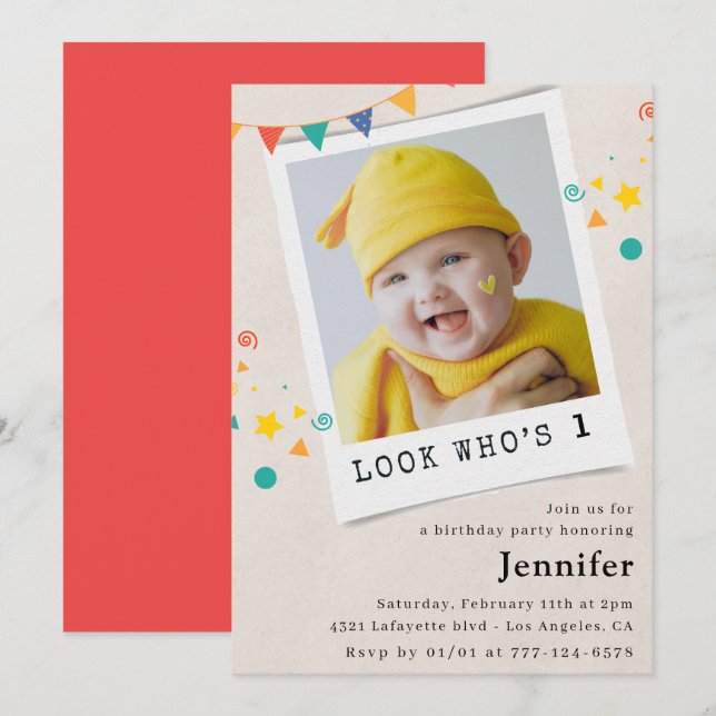 Invitaciones sencillas de 1er cumpleaños Niña Foto (Anverso / Reverso)