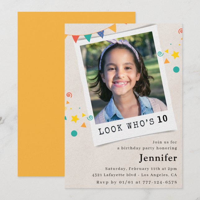 Invitaciones sencillas de cumpleaños 10 niña naran (Anverso / Reverso)