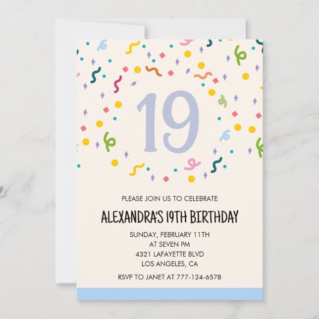Invitaciones sencillas de cumpleaños 19 Confeti Mo (Anverso)